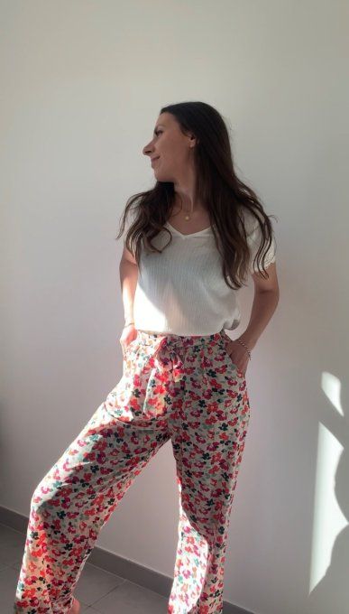 Pantalon fluide Mira rose et vert 